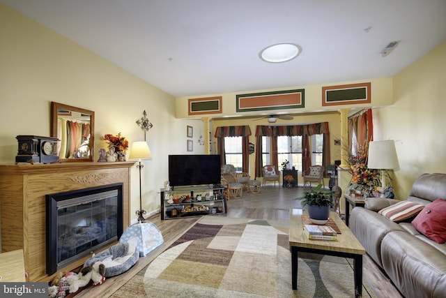 living area with a glass covered fireplace and wood finished floors