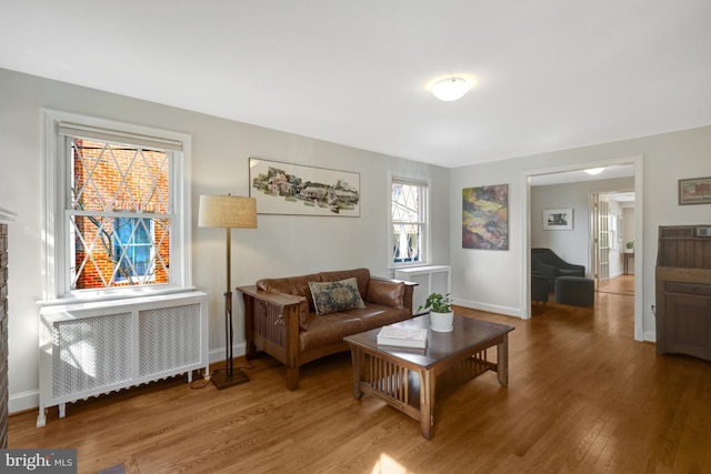 living area featuring baseboards, wood finished floors, and radiator heating unit