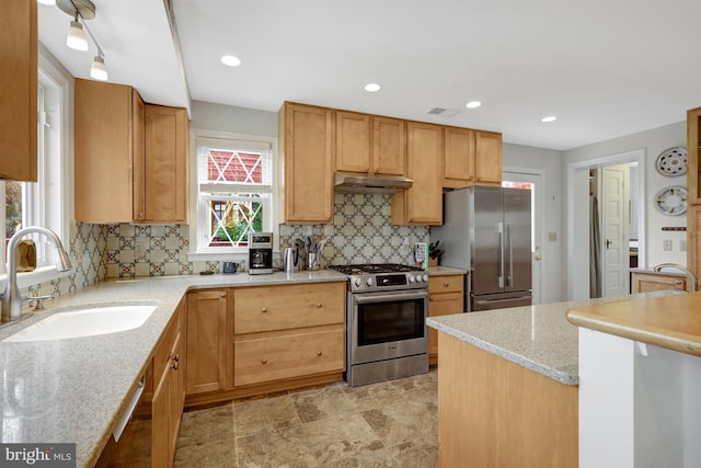 kitchen with light stone countertops, a sink, decorative backsplash, stainless steel appliances, and under cabinet range hood