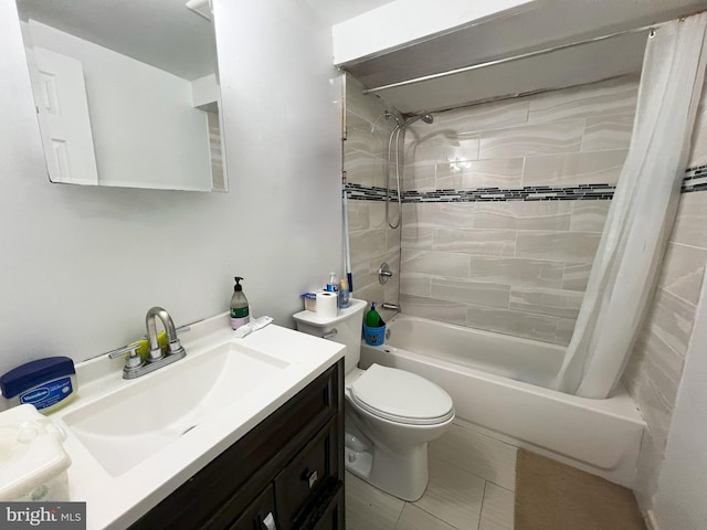 bathroom with vanity, toilet, and shower / tub combo with curtain