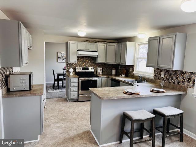 kitchen with electric range, gray cabinetry, white microwave, a peninsula, and under cabinet range hood