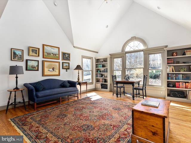 living area featuring wood finished floors, baseboards, and high vaulted ceiling