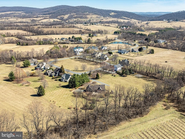 birds eye view of property featuring a rural view and a mountain view