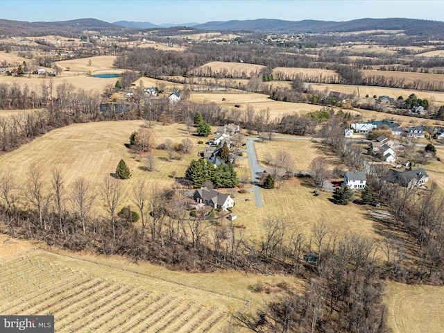 bird's eye view featuring a rural view and a mountain view