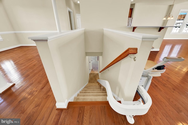 staircase with wood-type flooring and baseboards