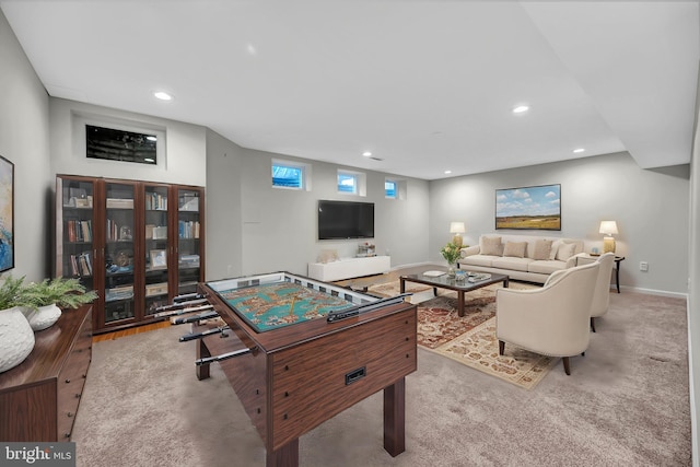 recreation room featuring carpet floors, recessed lighting, and baseboards