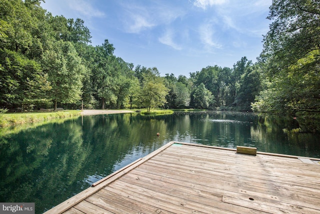 dock area with a water view and a forest view