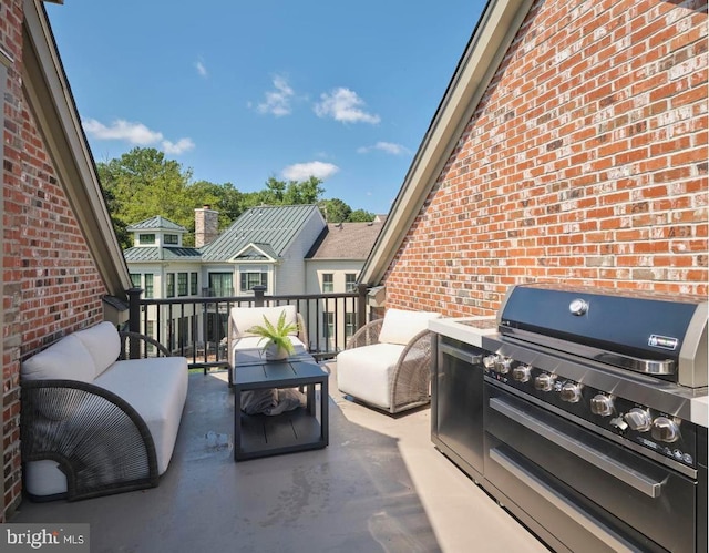 view of patio / terrace featuring an outdoor living space, a balcony, and a grill