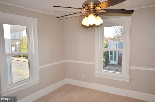 carpeted empty room with crown molding and baseboards