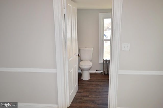 bathroom featuring a healthy amount of sunlight, wood finished floors, toilet, and radiator