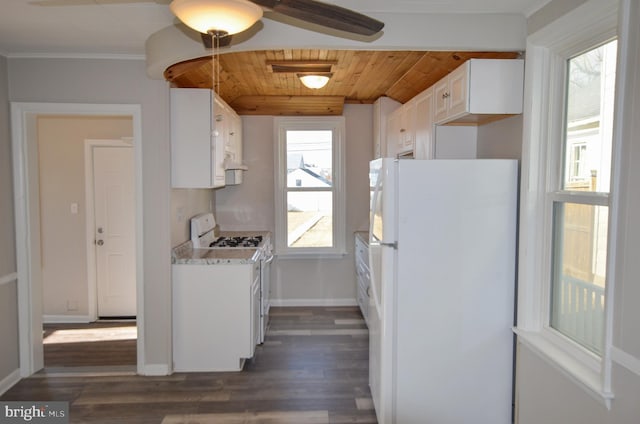 kitchen featuring light countertops, dark wood-type flooring, wood ceiling, white cabinets, and white appliances