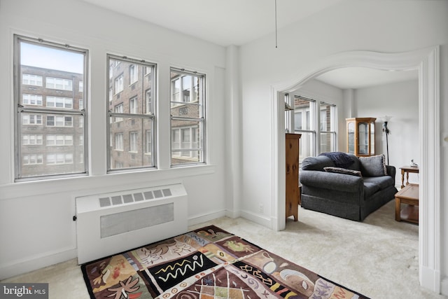 sitting room with radiator, baseboards, and carpet flooring