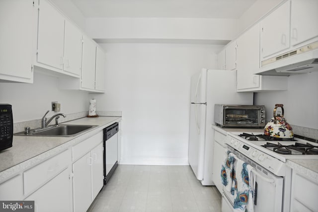 kitchen with a toaster, under cabinet range hood, a sink, dishwasher, and white gas range