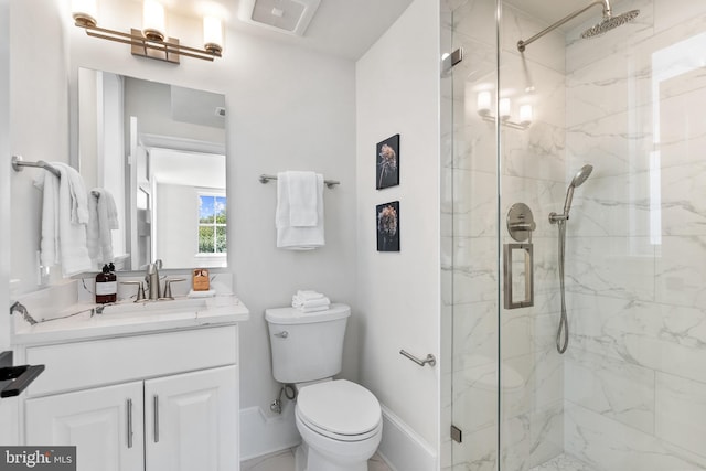 full bathroom featuring vanity, visible vents, a marble finish shower, toilet, and marble finish floor