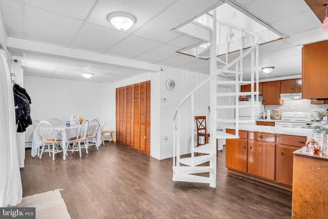 dining area featuring stairs, a drop ceiling, and dark wood-type flooring