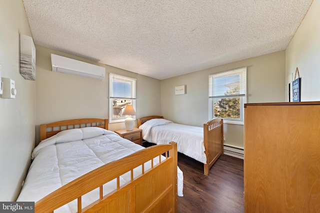 5909 Ocean Blvd, Long Beach Township, NJ 08008 - bedroom with dark wood-style floors, a wall mounted AC, a textured ceiling, and a baseboard heating unit