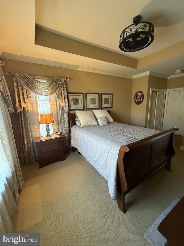 carpeted bedroom with a tray ceiling, a closet, and crown molding