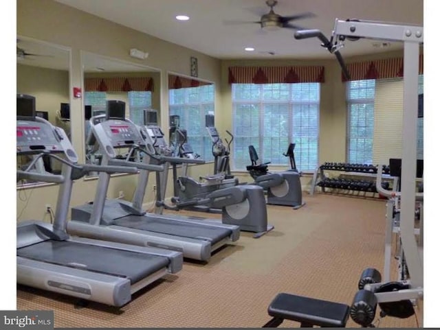 exercise room featuring a ceiling fan, recessed lighting, and carpet floors