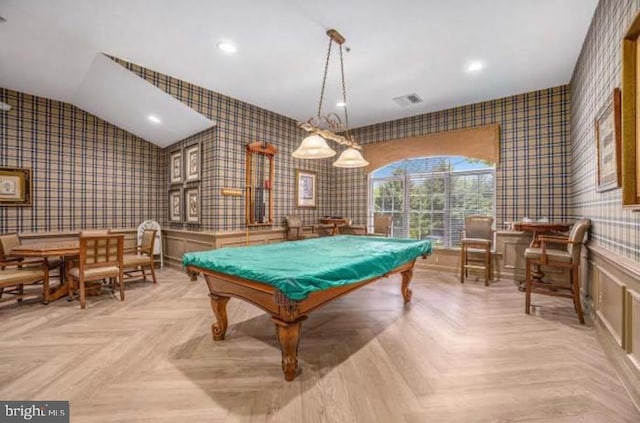 rec room featuring recessed lighting, pool table, visible vents, vaulted ceiling, and wallpapered walls