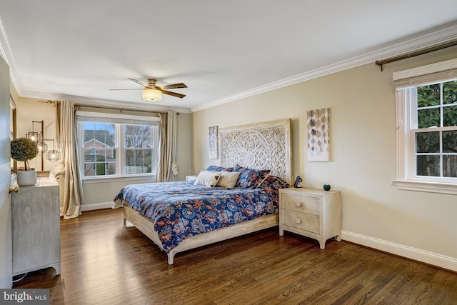 bedroom with baseboards, ornamental molding, and wood finished floors