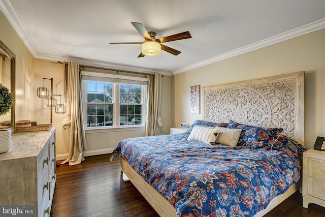 bedroom with ornamental molding, dark wood finished floors, and baseboards