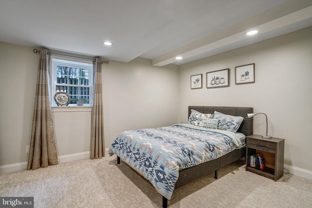 carpeted bedroom with recessed lighting and baseboards