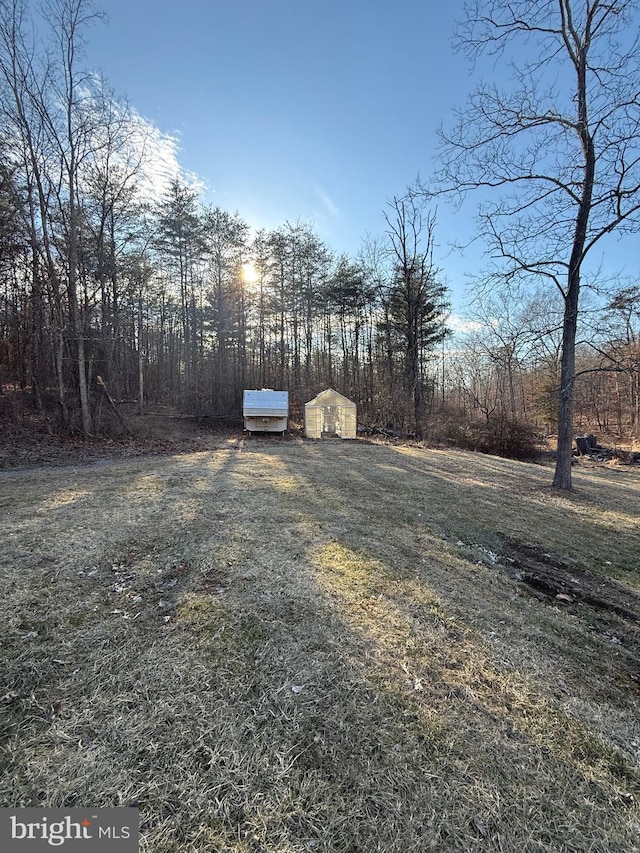 view of yard featuring an outbuilding and a shed