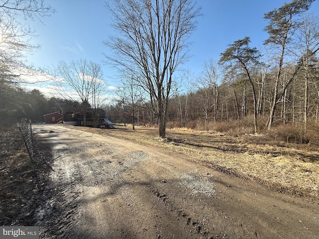 view of road with a forest view and dirt driveway