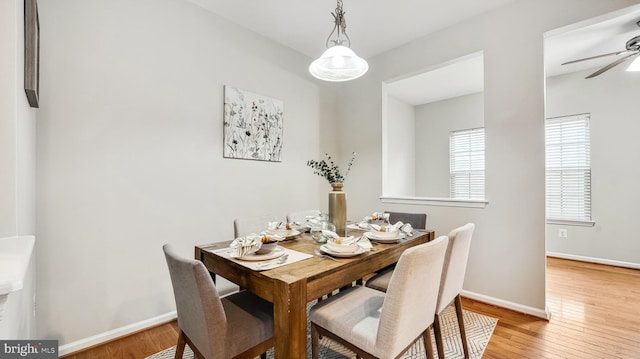 dining space featuring ceiling fan, wood-type flooring, and baseboards