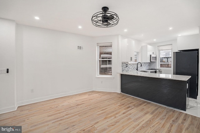 5126 N Sydenham St, Philadelphia, PA 19141 - kitchen featuring visible vents, white cabinets, light countertops, a peninsula, and stainless steel appliances