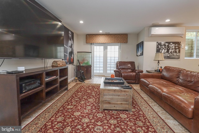 tiled living area with recessed lighting and a wall unit AC
