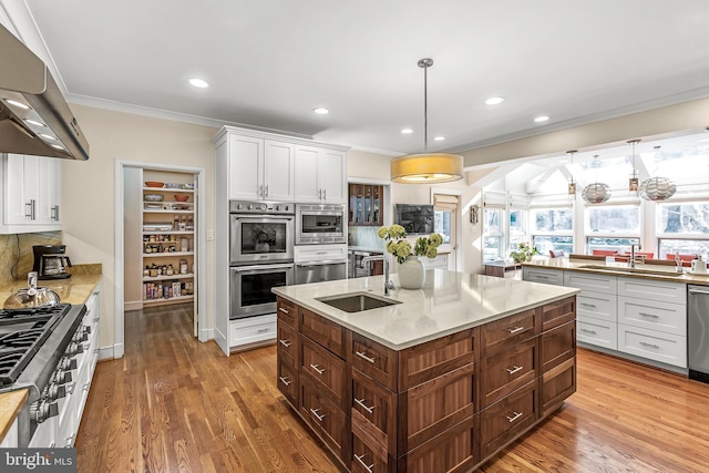 kitchen featuring range hood, stainless steel appliances, crown molding, white cabinetry, and a sink