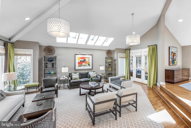 living area featuring baseboards, beamed ceiling, light wood-type flooring, high vaulted ceiling, and recessed lighting