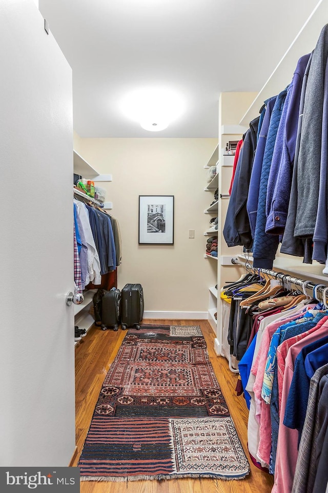 walk in closet with wood finished floors