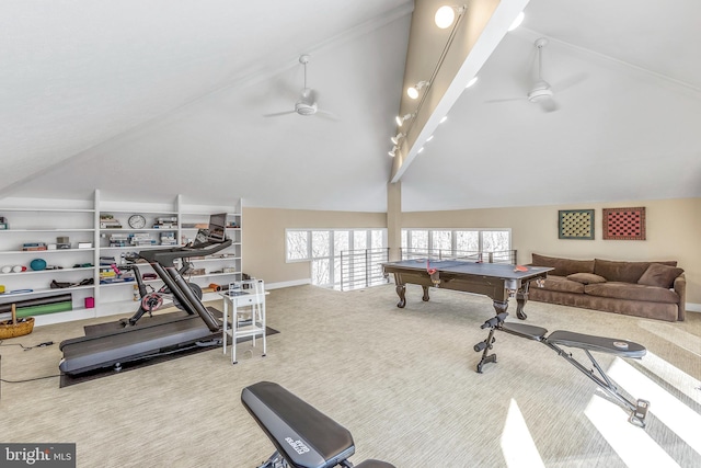 exercise room featuring ceiling fan, carpet flooring, and baseboards