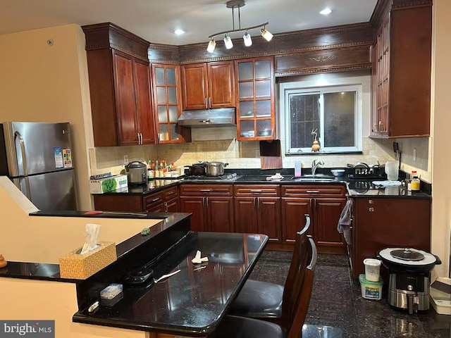 kitchen with stainless steel appliances, tasteful backsplash, granite finish floor, a sink, and under cabinet range hood