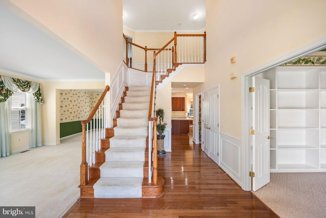 foyer with wainscoting, ornamental molding, stairs, carpet floors, and a decorative wall