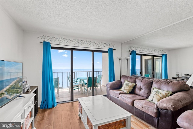 living room featuring a textured ceiling, light wood finished floors, and a water view