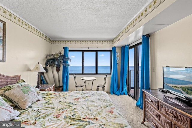 carpeted bedroom with access to outside and a textured ceiling