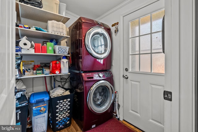 washroom featuring stacked washer and clothes dryer, crown molding, and laundry area