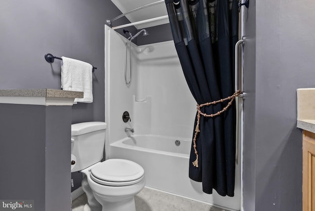 bathroom featuring shower / bath combo, vanity, and toilet