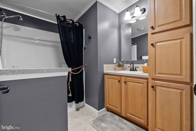 bathroom with a shower with curtain, crown molding, vanity, and tile patterned floors