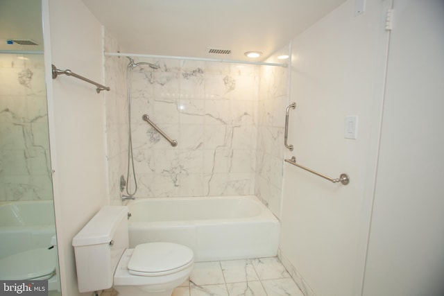 full bathroom with visible vents, marble finish floor, toilet, and shower / tub combination