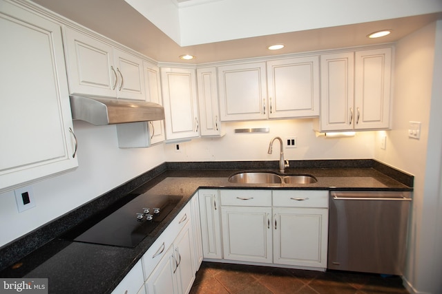 kitchen featuring under cabinet range hood, dishwasher, white cabinets, black electric cooktop, and a sink