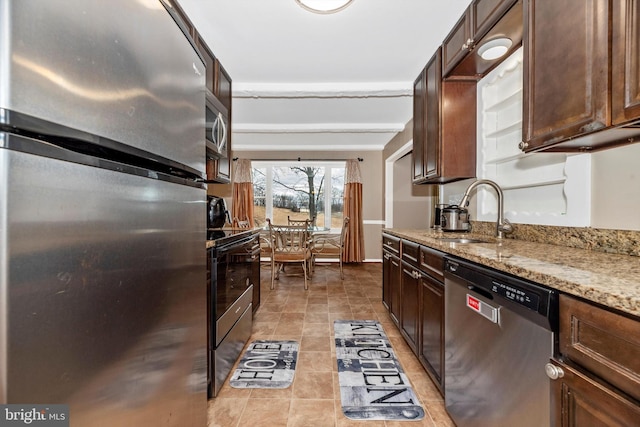 kitchen featuring a sink, stainless steel appliances, dark brown cabinetry, light tile patterned floors, and light stone countertops