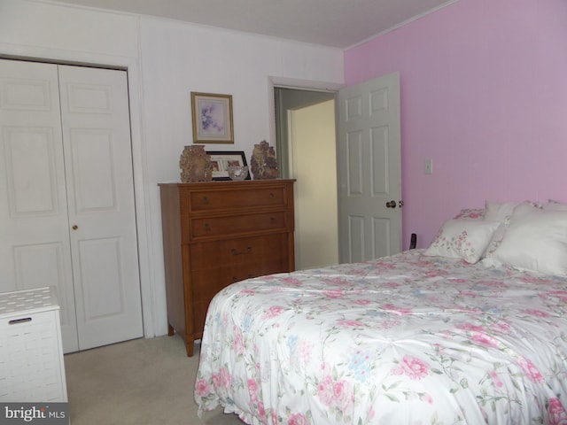 bedroom with a closet and light carpet