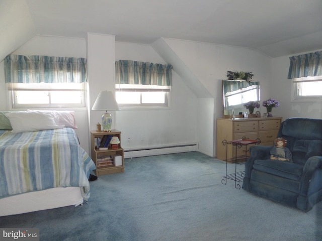 carpeted bedroom featuring baseboard heating and lofted ceiling