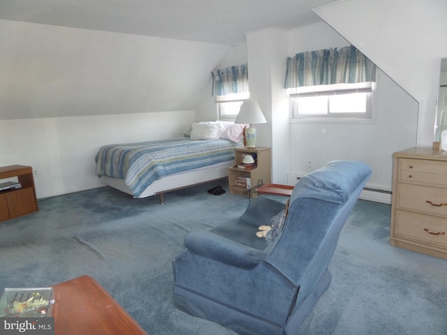 bedroom with carpet, baseboard heating, and vaulted ceiling