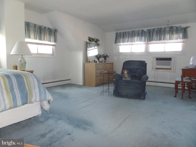 bedroom featuring carpet flooring, multiple windows, an AC wall unit, and a baseboard heating unit