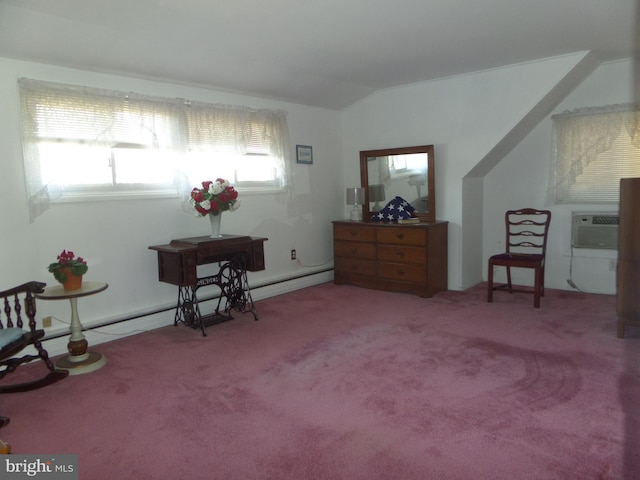 sitting room with vaulted ceiling, a wall unit AC, and carpet